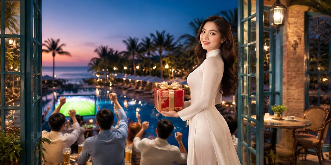 Người dùng đặt cược thể thao trực tuyến trong khung cảnh nghỉ dưỡng Mũi Né với trang phục áo dài truyền thống